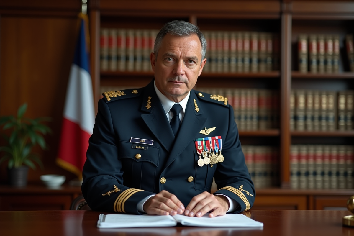 Officier militaire français en uniforme avec documents officiels