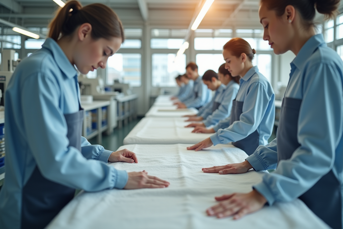 Ouvriers dans une usine textile lumineuse manipulant du tissu thermique