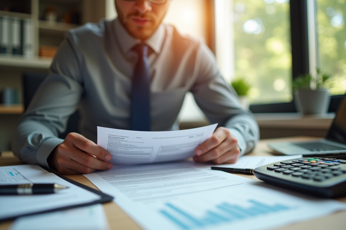 Professionnel anxieux examinant documents fiscaux en bureau lumineux