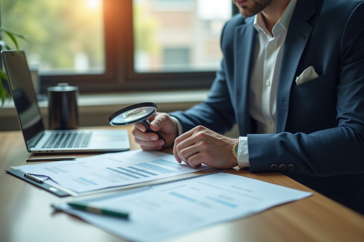 Personne examinant des documents d'entreprise avec une loupe