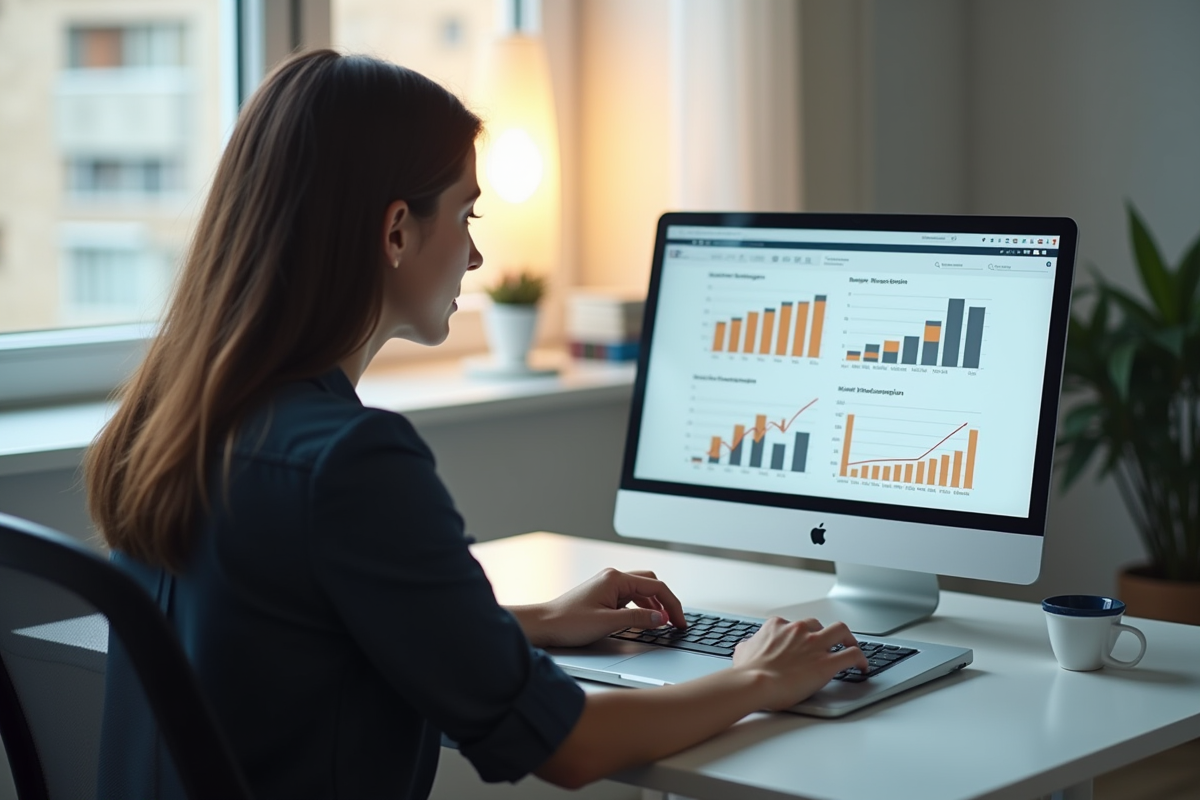 Personne concentrée sur un ordinateur avec graphiques d analytics