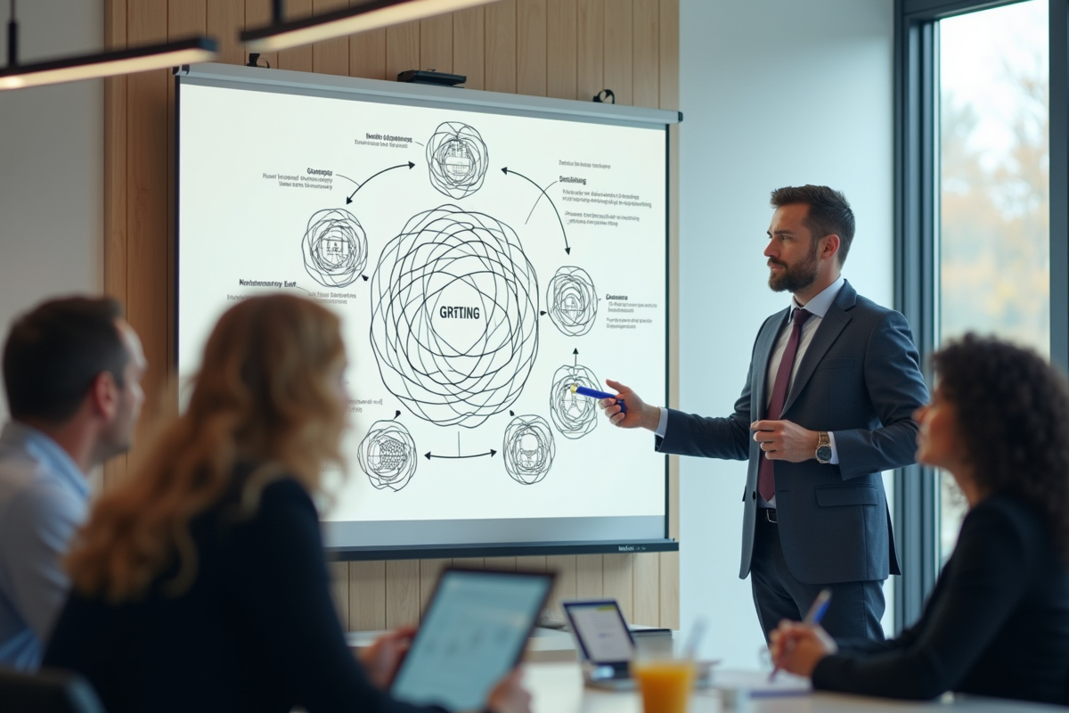 Manager présentant un diagramme de valeur à ses collègues