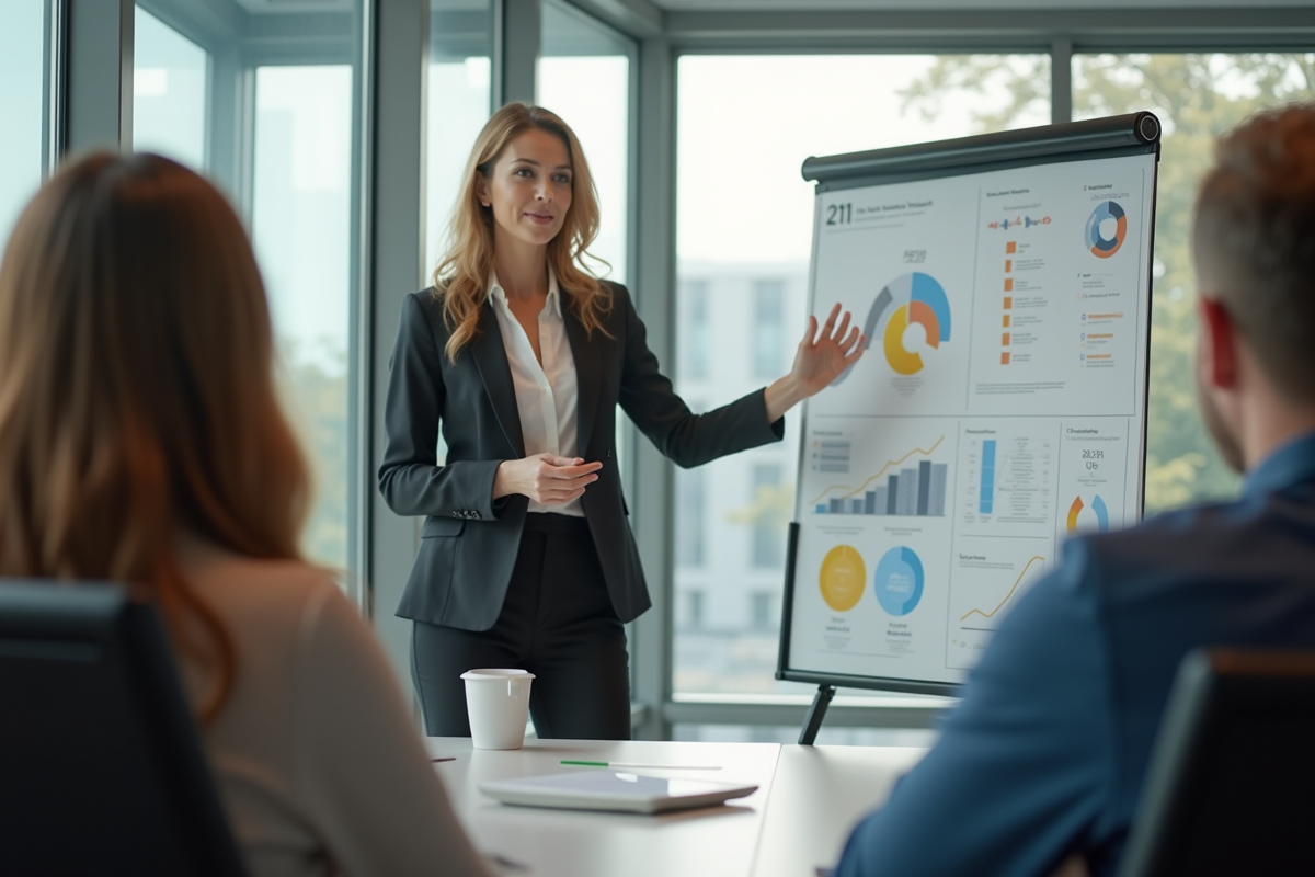 Femme confiante présentant un graphique à une audience attentive