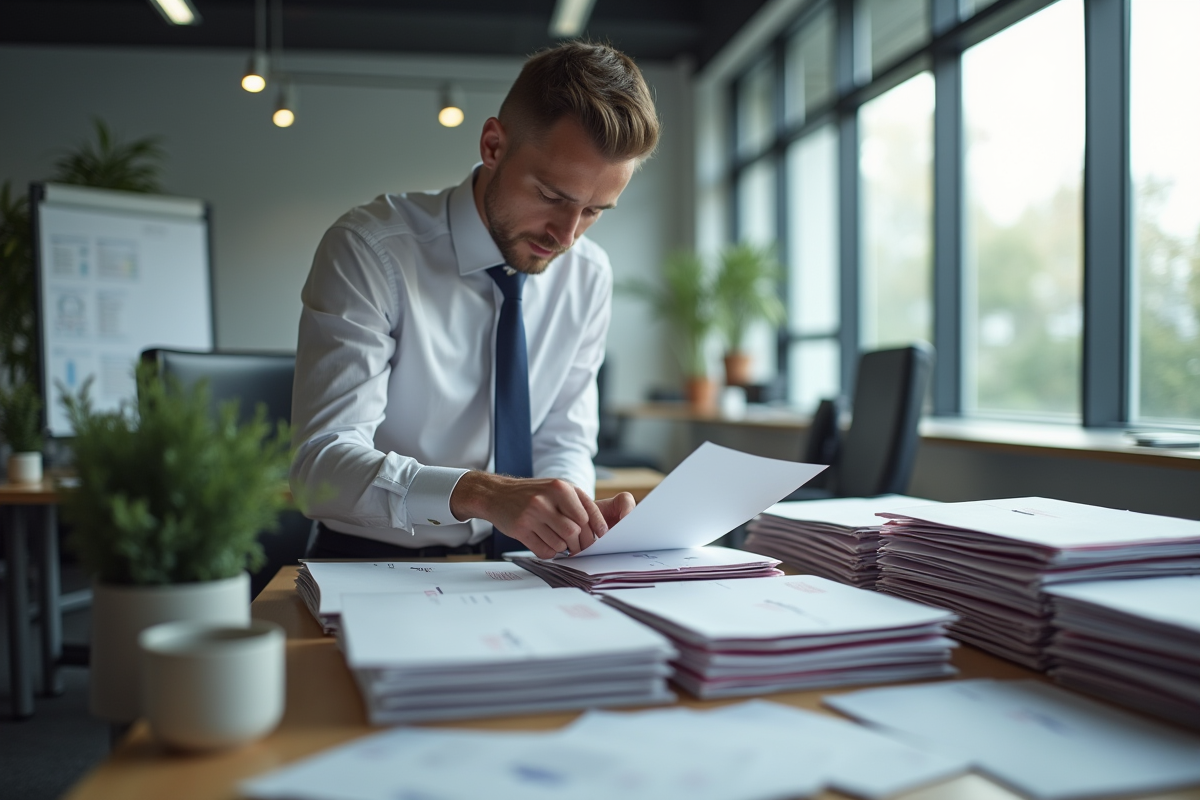 Professionnel triant des lettres dans un bureau moderne