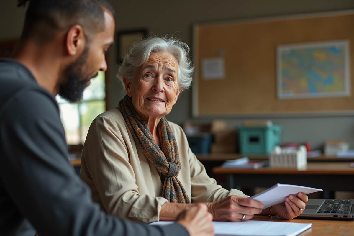 Femme humanitaire discutant avec un jeune local en intérieur