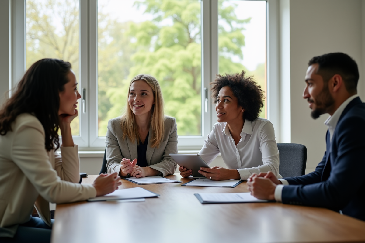 Quatre professionnels dans un bureau lumineux en discussion