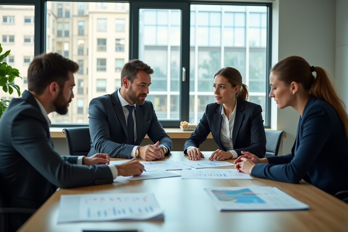 Professionnels collaborant autour d'une table en bureau moderne