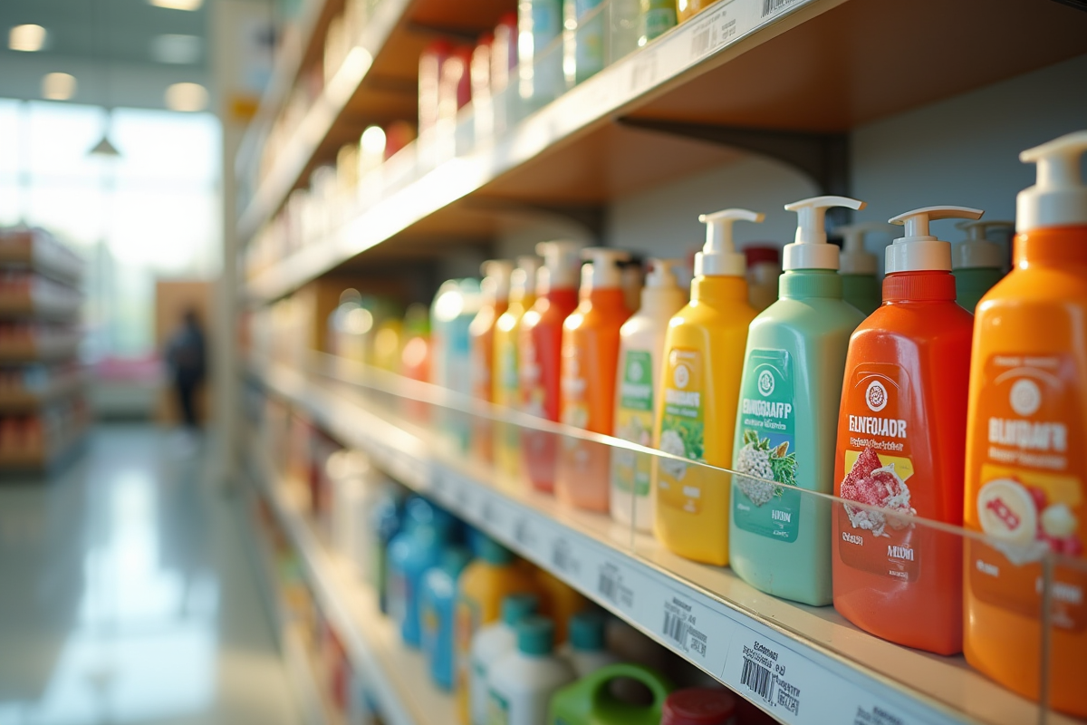 Rayon de magasin avec produits et labels environnementaux visibles