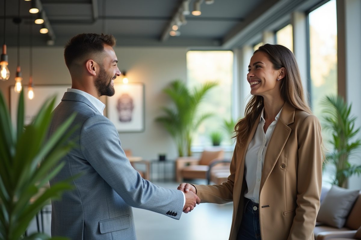 Recruteur accueillant un candidat souriant dans un espace moderne