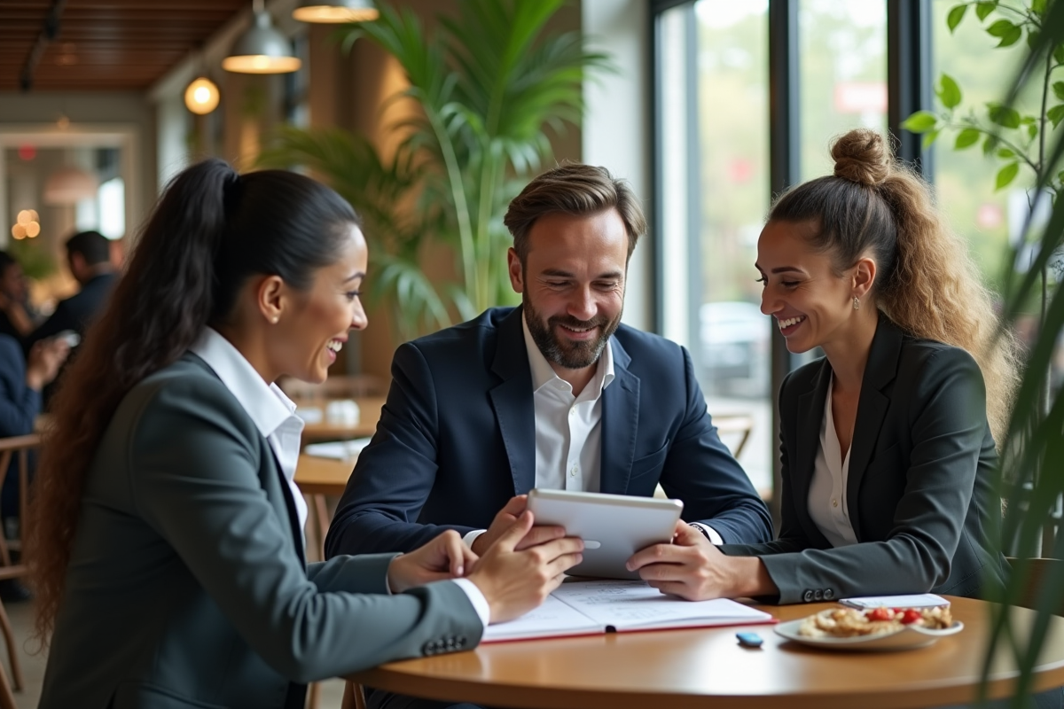 Groupe d entrepreneurs discutant dans un café lumineux