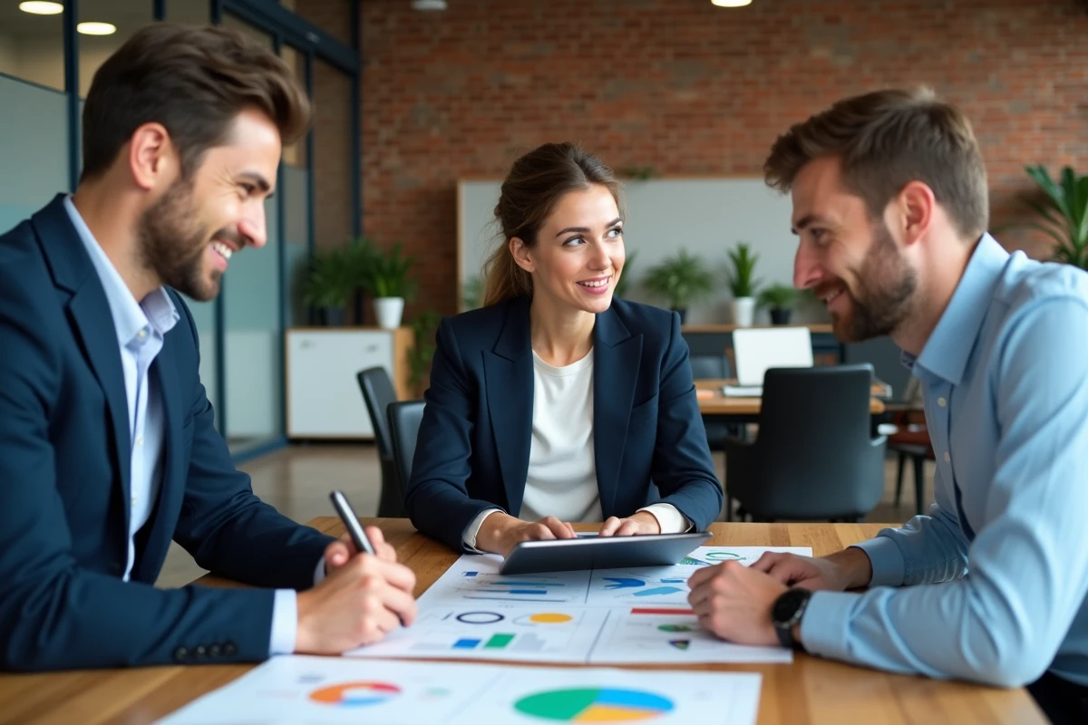 Groupe d entrepreneurs discutant autour d une table avec graphiques