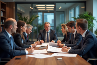 Groupe de professionnels en réunion sécurité au bureau