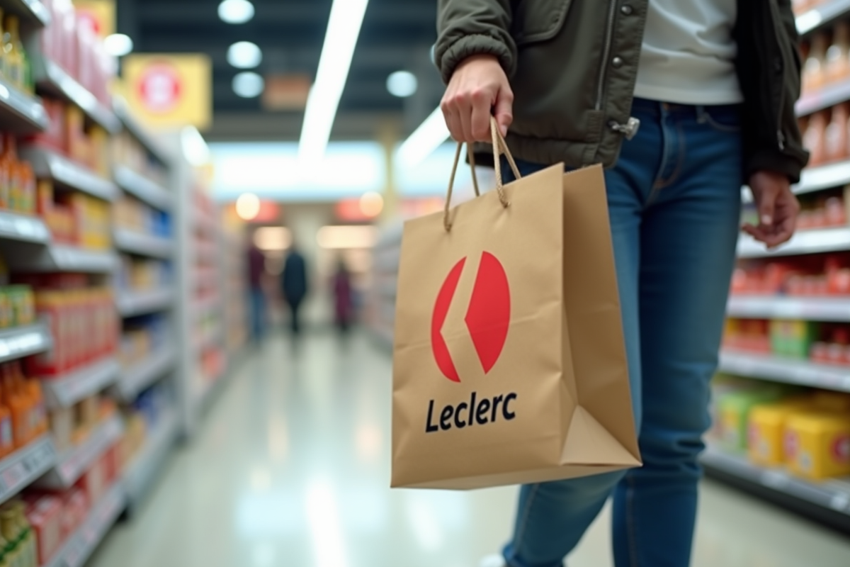 Sac en papier avec logo Leclerc dans un supermarché moderne