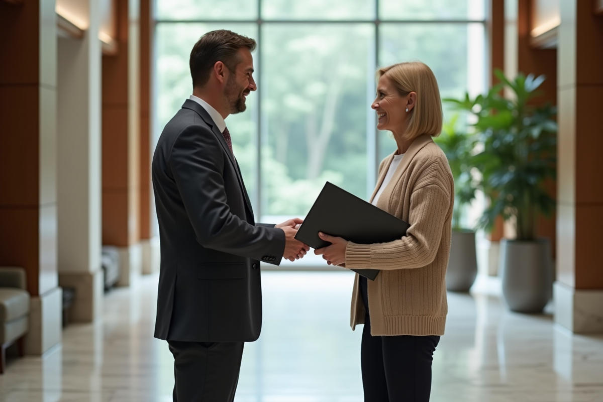 Deux professionnels échangent une poignée de main après signature