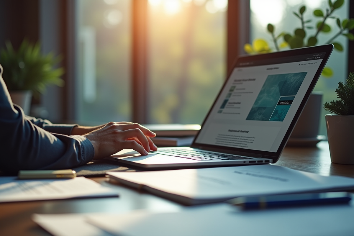 Personne utilisant un ordinateur portable dans un bureau organisé